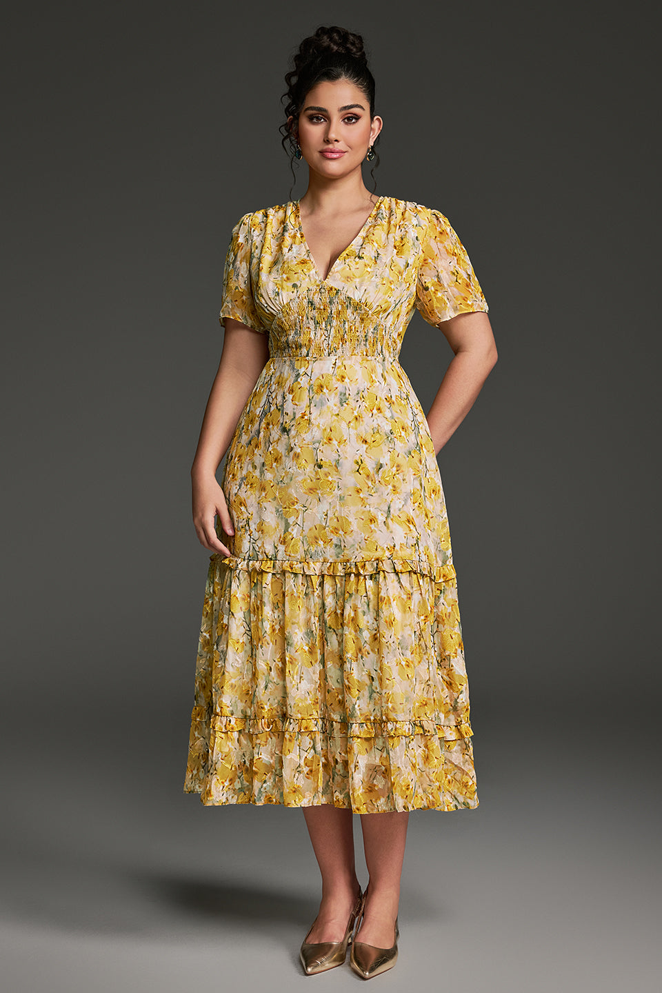 Curveins Plus Size V-Neck Floral Ruffle Sleeve Maxi Dress