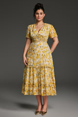Curveins Plus Size V-Neck Floral Ruffle Sleeve Maxi Dress