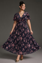 Curveins Plus Size Velvet Surplice Vintage Plain Maxi Dress