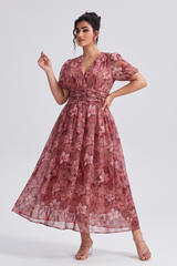 Curveins Plus Size V Neck Short Sleeve Floral Ruched Waist Flowy Elegant Maxi Dress