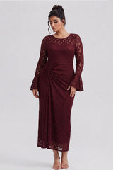 Curveins Plus Size Crew Neck Flared Long Sleeve Floral Bodycon Elegant Maxi Dress