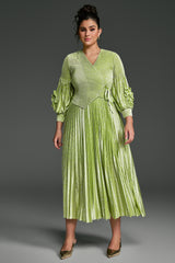 Curveins Plus Size V-Neck Long Sleeve Waist Tie Pleated Maxi Dress