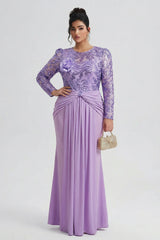 Curveins Plus Size Long Sleeve Lace Patchwork Sequin Maxi Dress with Round Neck