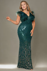 Curveins Elegant Curve Hugging V Neck Sleeveless Sequin Evening Gown