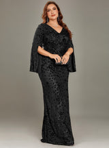 Curveins Plus Size V-Neck Long Sleeves Sequin Floral Bodycon Maxi Dress