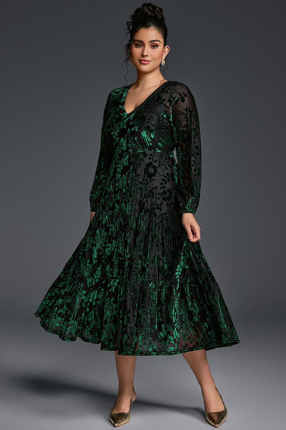 Curveins Plus Size V-Neck Flowy Bell Sleeves Pleated Velvet Midi Dress