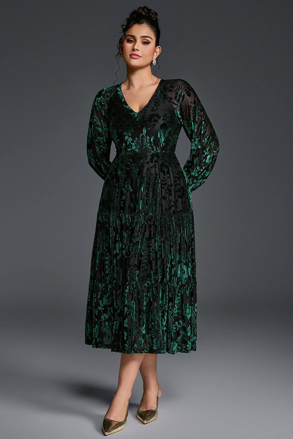 Curveins Plus Size V-Neck Flowy Bell Sleeves Pleated Velvet Midi Dress