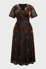 Curveins Plus Size Velvet Surplice Vintage Plain Maxi Dress