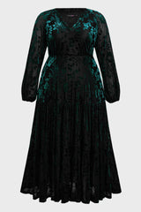 Curveins Plus Size V-Neck Flowy Bell Sleeves Pleated Velvet Maxi Dress