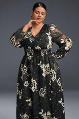 Curveins Plus Size V-Neck Long Sleeve Floral Slit Hem Maxi Dress