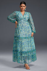 Curveins Plus Size Floral Print Lantern Sleeve Tiered Maxi Dress