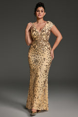 Curveins Plus Size V-neck and Waist Cinch Sequin Maxi Dress