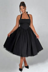 Curveins Plus Size Halter Neck Spaghetti Strap Sleeveless Puff Skirt Midi Dress