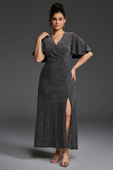 Curveins Plus Size V-Neck Ruffle Sleeve Maxi Dress