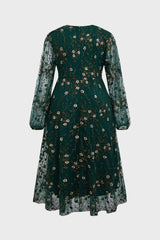 Curveins Plus Size V-Neck Ruffle Sleeve Embroidered Midi Dress