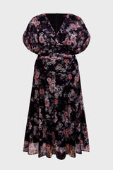 Curveins Plus Size V Neck Puff Sleeve Waist Defining Floral Print Elegant Maxi Dress