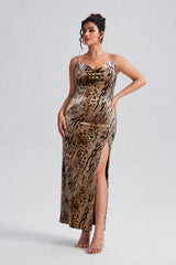 Curveins Plus Size Leopard Print Velvet Cami Slit Elegant Maxi Dress