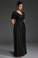 Curveins Plus Size V-Neck Sequin Patchwork Pattern Maxi Dress