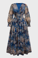 Curveins Plus Size V Neck Long Sleeve Floral Waist Maxi Dress