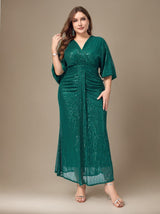 Curveins Plus Size Solid Color V-Neck High Waist Sequin Maxi Dress