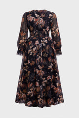 Curveins Plus Size V Neck Long Sleeve Floral Cinched Waist Maxi Dress