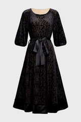 Curveins Plus Size Round Neck Floral Embroidery Belted Velvet Midi Dress