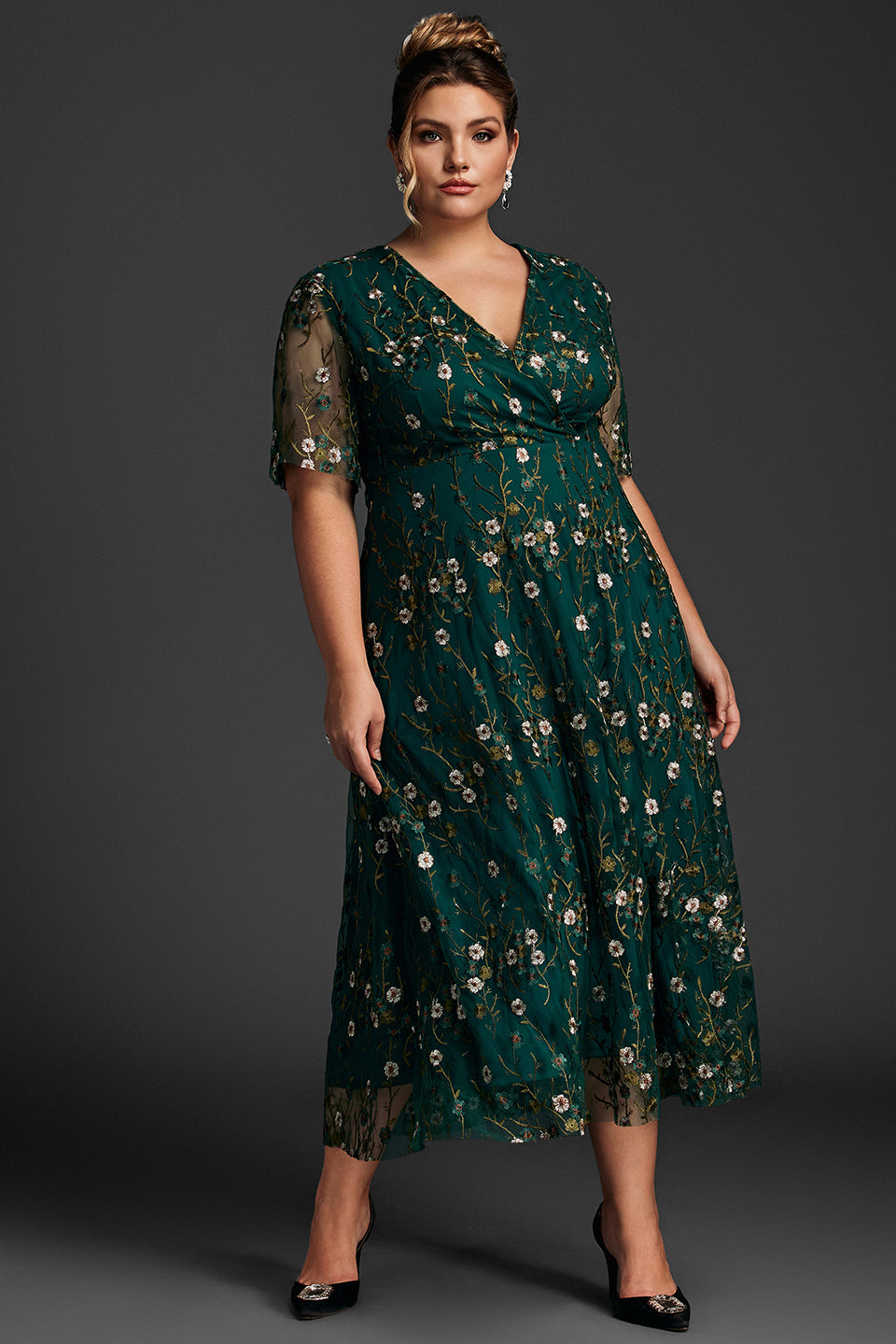 Curveins Plus Size V-Neck Ruffle Sleeve Embroidered Maxi Dress