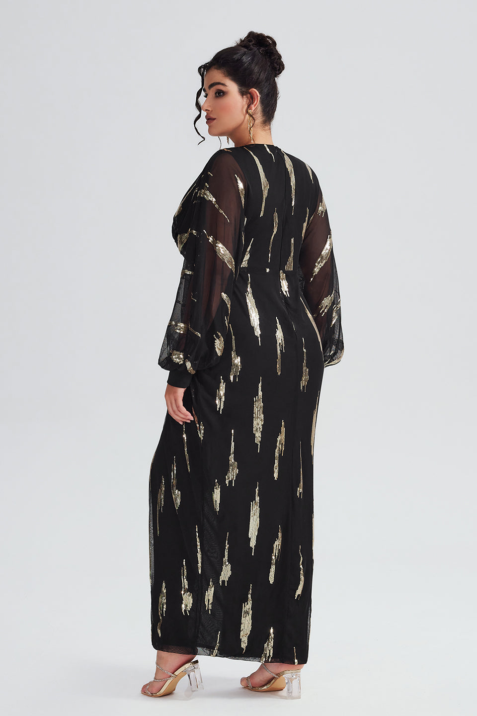 Curveins Plus Size Lantern Sleeve Slit Mesh Dress -Burgundy