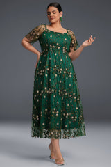 Curveins Plus Size Draped Collar Embroidered Ruffle Hem Maxi Dress