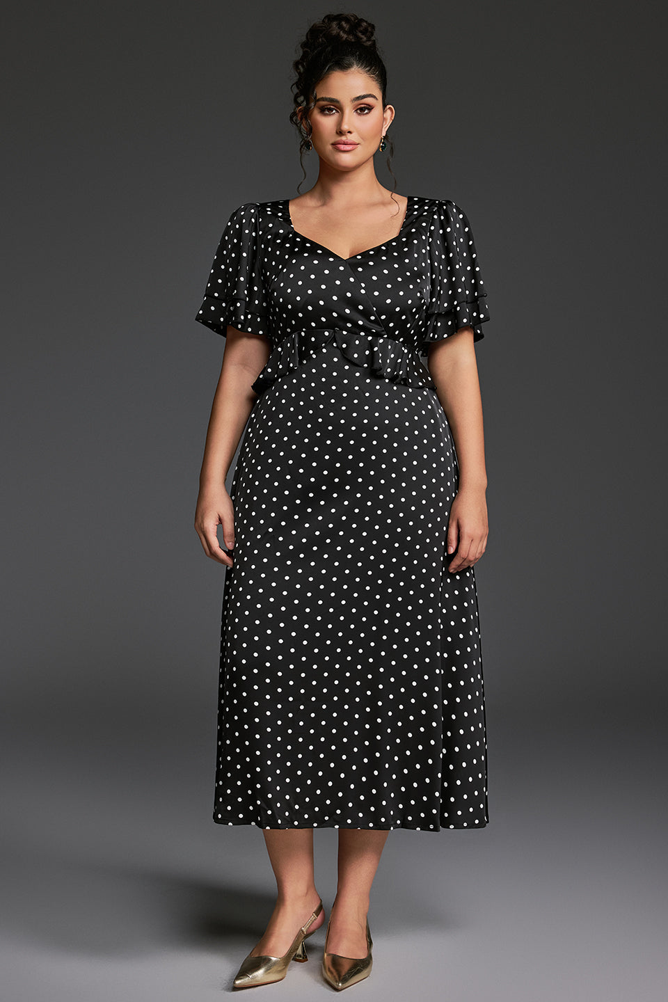 Curveins Plus Size V-Neck Double-Layered Ruffle Sleeve Maxi Dress