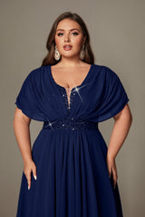 Curveins Plus Size V-Neck Short Sleeve Asymmetrical A-Line Maxi Dress