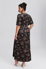 Curveins Plus Size Velvet Surplice Vintage Plain Maxi Dress