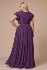 Curveins Plus Size V-Neck Ruffle Sleeve Split A-Line Maxi Dress
