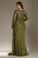 Curveins Plus Size Round Neck Embroidered Tie-Sash Bodycon Maxi Dress