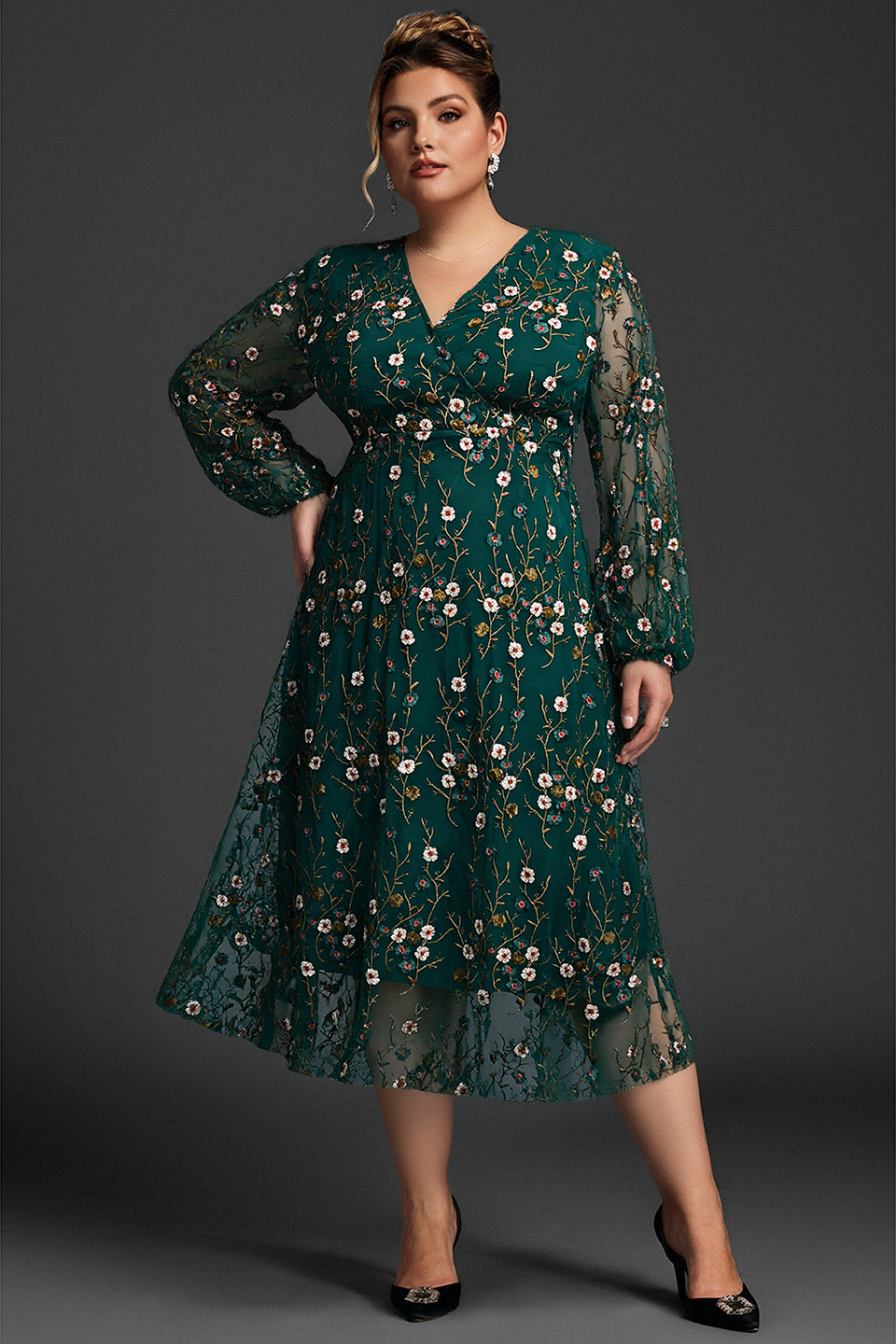 Curveins Plus Size V-Neck Ruffle Sleeve Embroidered Midi Dress