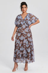 Curveins Plus Size V Neck Puff Sleeve Waist Defining Floral Print Elegant Maxi Dress