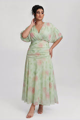 Curveins Plus Size V Neck Puff Sleeve Waist Defining Floral Print Elegant Maxi Dress