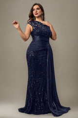 Curveins Plus Size One Shoulder Sleeveless Embroidered Sequin Patchwork Bodycon Maxi Dress