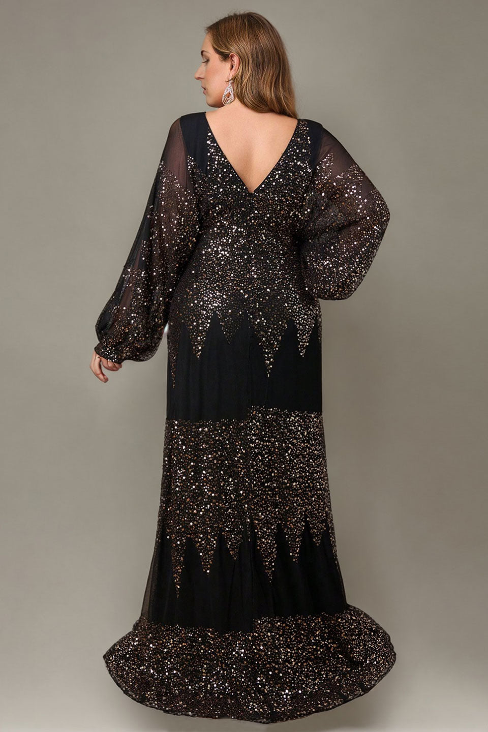 Curveins Chic Plus Size V-Neck Split Hem Sequin Lantern Sleeve Dress