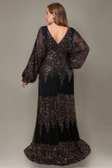 Curveins Chic Plus Size V-Neck Split Hem Sequin Lantern Sleeve Dress