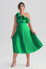 Curveins Plus Size Slimming Asymmetric One-Shoulder Ruffle Trim Pleated Dress