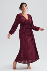 Curveins Plus Size Burgundy Velvet Wrap Maxi Dress