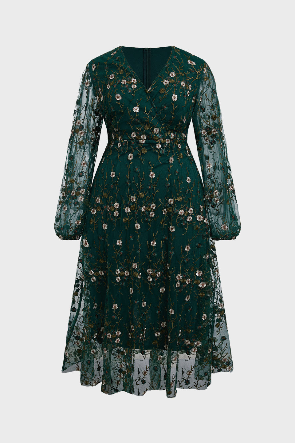 Curveins Plus Size V-Neck Ruffle Sleeve Embroidered Midi Dress