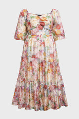 Curveins Plus Size V-Neck Flower Print Pleated Maxi Dress