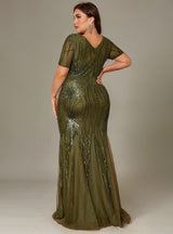 Curveins Plus Size Round Neck Floral Sequins Mermaid Maxi Dress