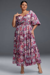 Curveins Plus Size V-Neck Flower Print Pleated Maxi Dress
