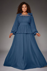 Curveins Plus Size Crew Neck Puff Sleeve Faux Two Piece Panelled Maxi Dress