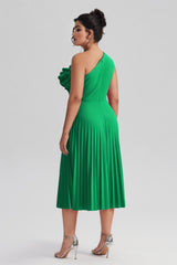 Curveins Plus Size Slimming Asymmetric One-Shoulder Ruffle Trim Pleated Dress