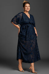 Curveins Plus Size Ruffle Sleeve Knot Side Split Hem Mesh Maxi Dress