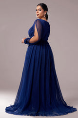 Curveins Plus Size V-Neck Long Sleeve Slit Waist-Defined Maxi Dress